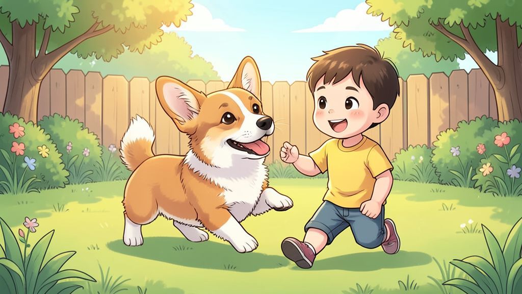 Eine liebevolle Kinderbuch-Illustration eines Welsh Corgi Pembroke, der fröhlich mit einem Kind in einem sonnigen Garten spielt.