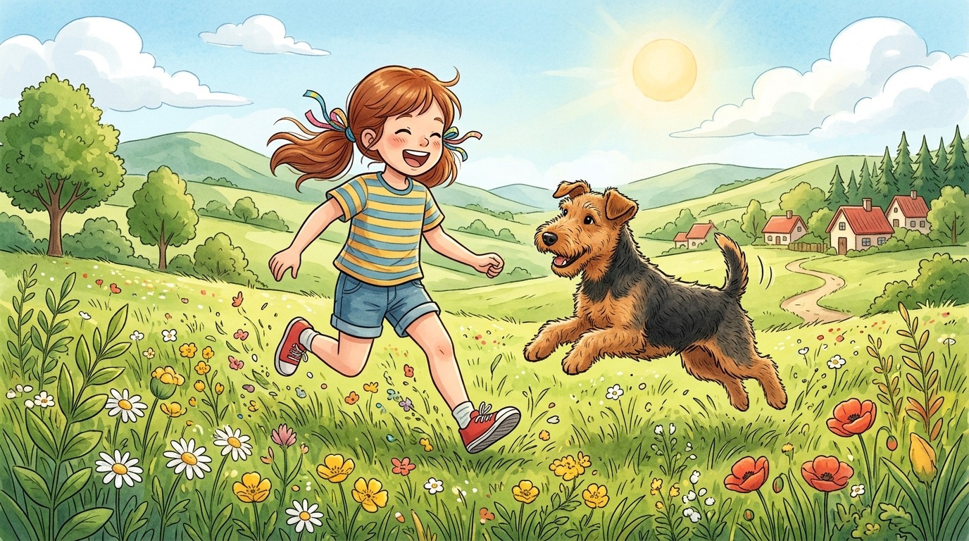 Ein fröhlicher Welsh Terrier springt mit einem lachenden Kind über eine grüne Blumenwiese.