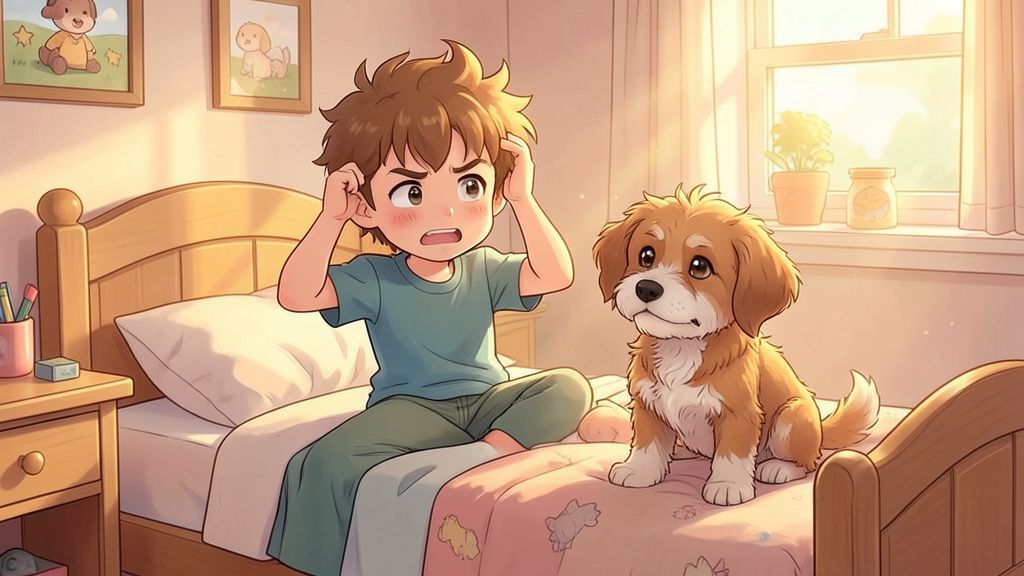 Eine gemütliche Kinderbuch-Illustration eines Jungen im Bett, der sich am Kopf kratzt, während ein kleiner Hund daneben sitzt.