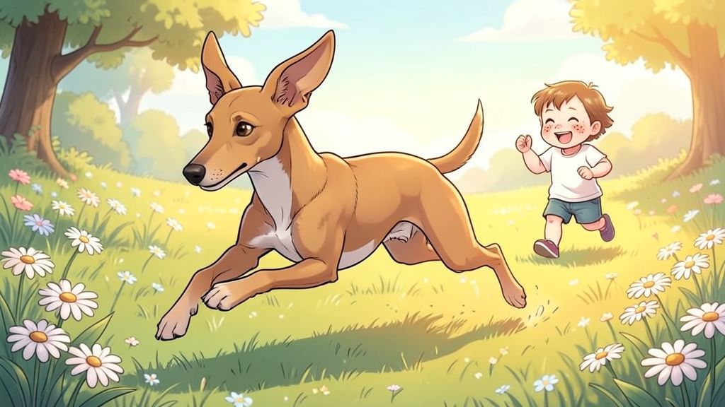 Ein schlanker Whippet-Hund flitzt fröhlich über eine bunte Blumenwiese, während ein Kind ihm zujubelt.