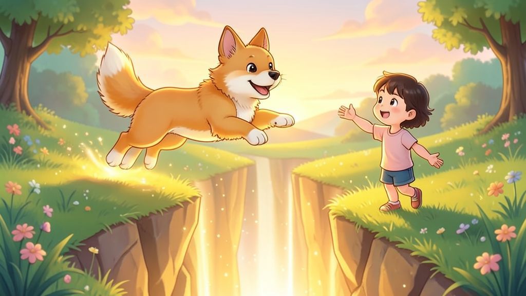 Eine liebevolle Illustration eines Hundes, der mutig über einen golden leuchtenden Erdspalt zu einem Kind springt.