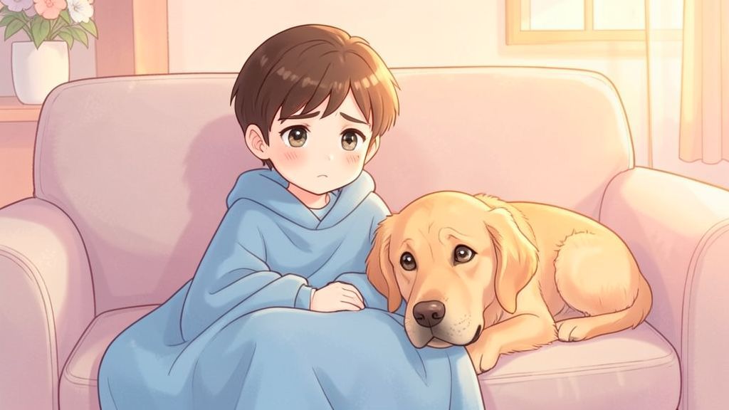 Ein trauriges Kind mit einer Decke auf dem Sofa, das von seinem Hund getröstet wird.