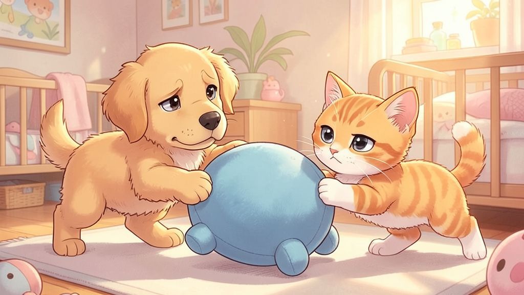 Eine niedliche Illustration eines kleinen Hundes und einer Katze, die sich spielerisch um ein Stofftier zanken.