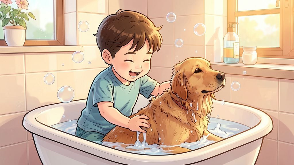Ein Kind wäscht vorsichtig einen Golden Retriever in einer Badewanne mit Schaum.