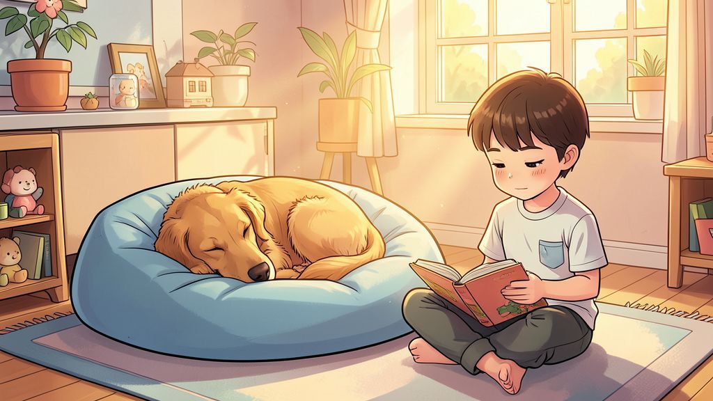 Ein gemütlich schlafender Hund in seinem Körbchen neben einem Kind, das leise auf dem Boden spielt.