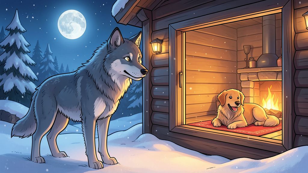 Eine liebevolle Illustration eines wilden Wolfes, der durch ein Fenster einen gemütlich am Kamin schlafenden Hund beobachtet.