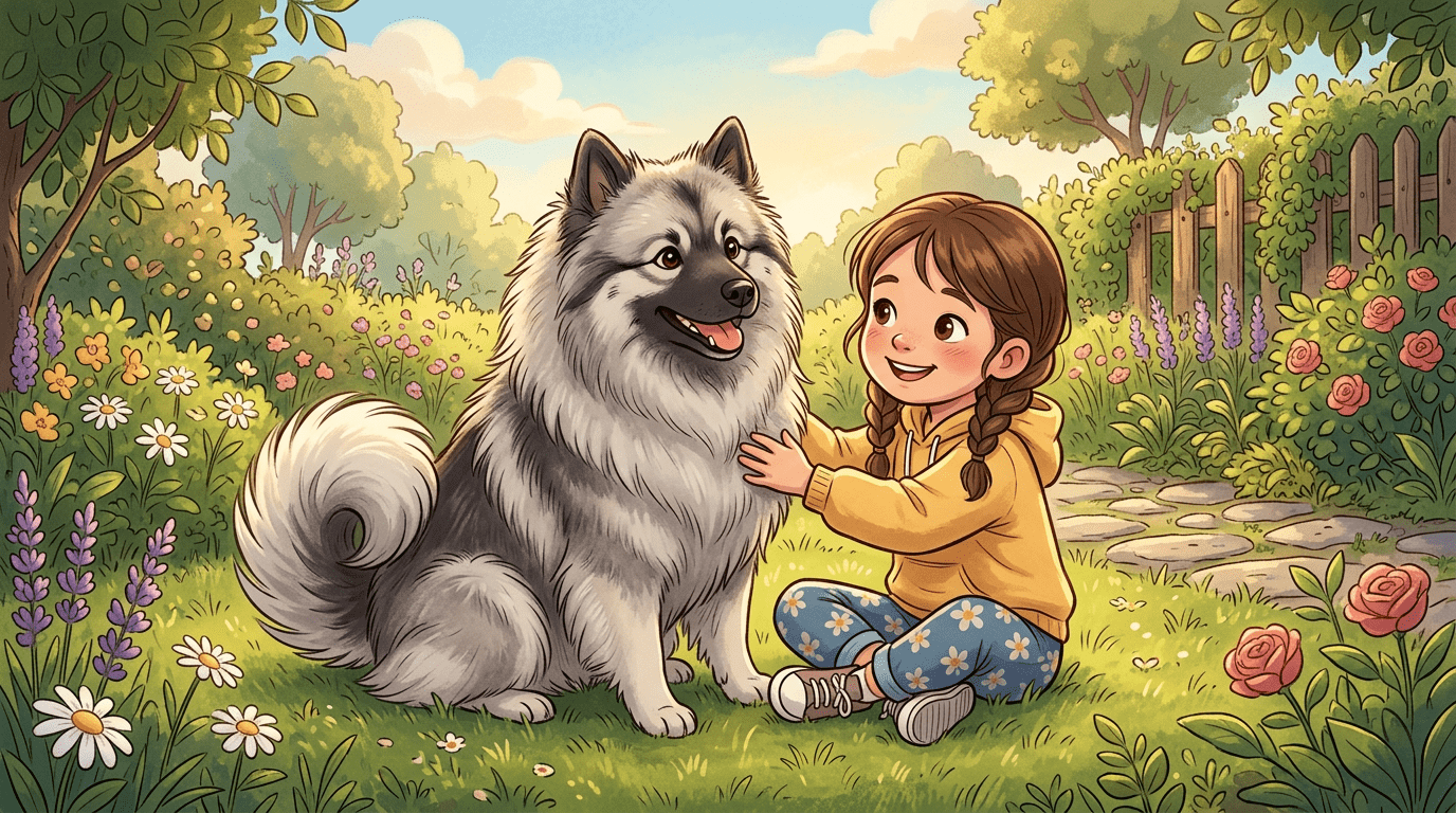 Eine liebevolle Illustration eines flauschigen Wolfsspitzes mit seiner typischen Brillen-Zeichnung im Gesicht, der neben einem Kind im Garten sitzt.