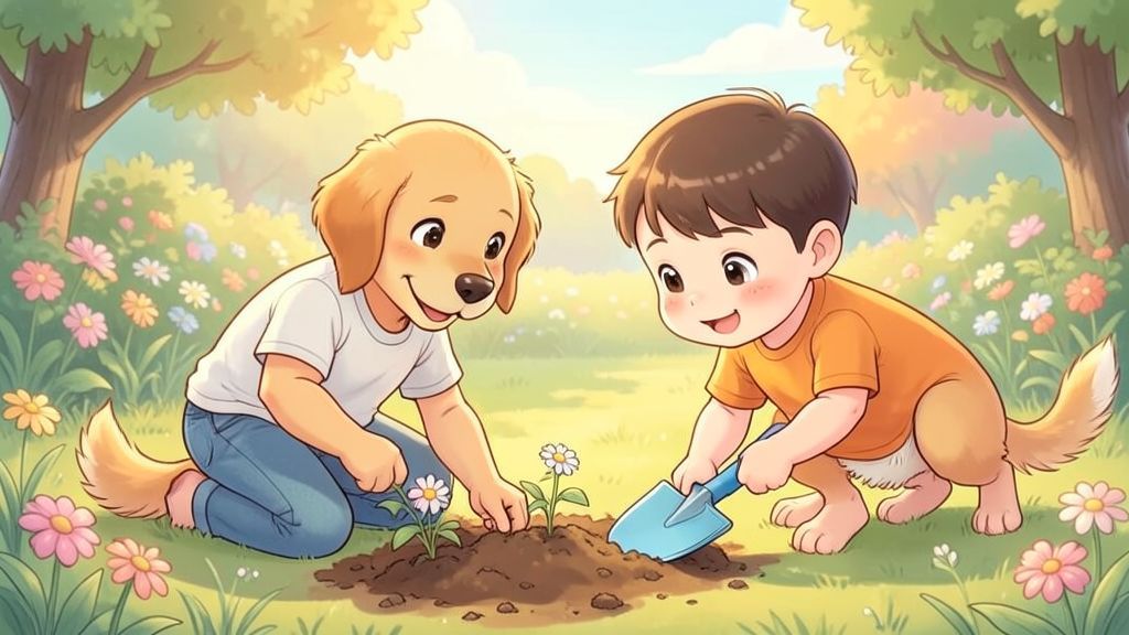 Eine Illustration eines fleißigen Golden Retrievers, der in einem Garten mit einer kleinen Schaufel im Maul hilft, während ein Kind Blumen pflanzt.