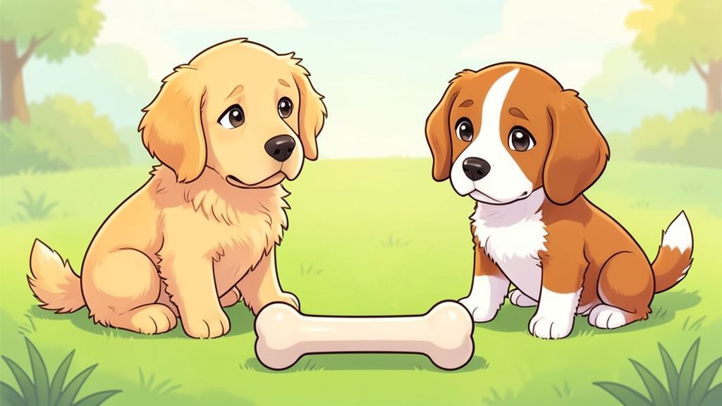 Zwei niedliche, flauschige Hunde blicken neugierig auf einen großen Knochen, der genau in der Mitte zwischen ihnen auf einer grünen Wiese liegt.