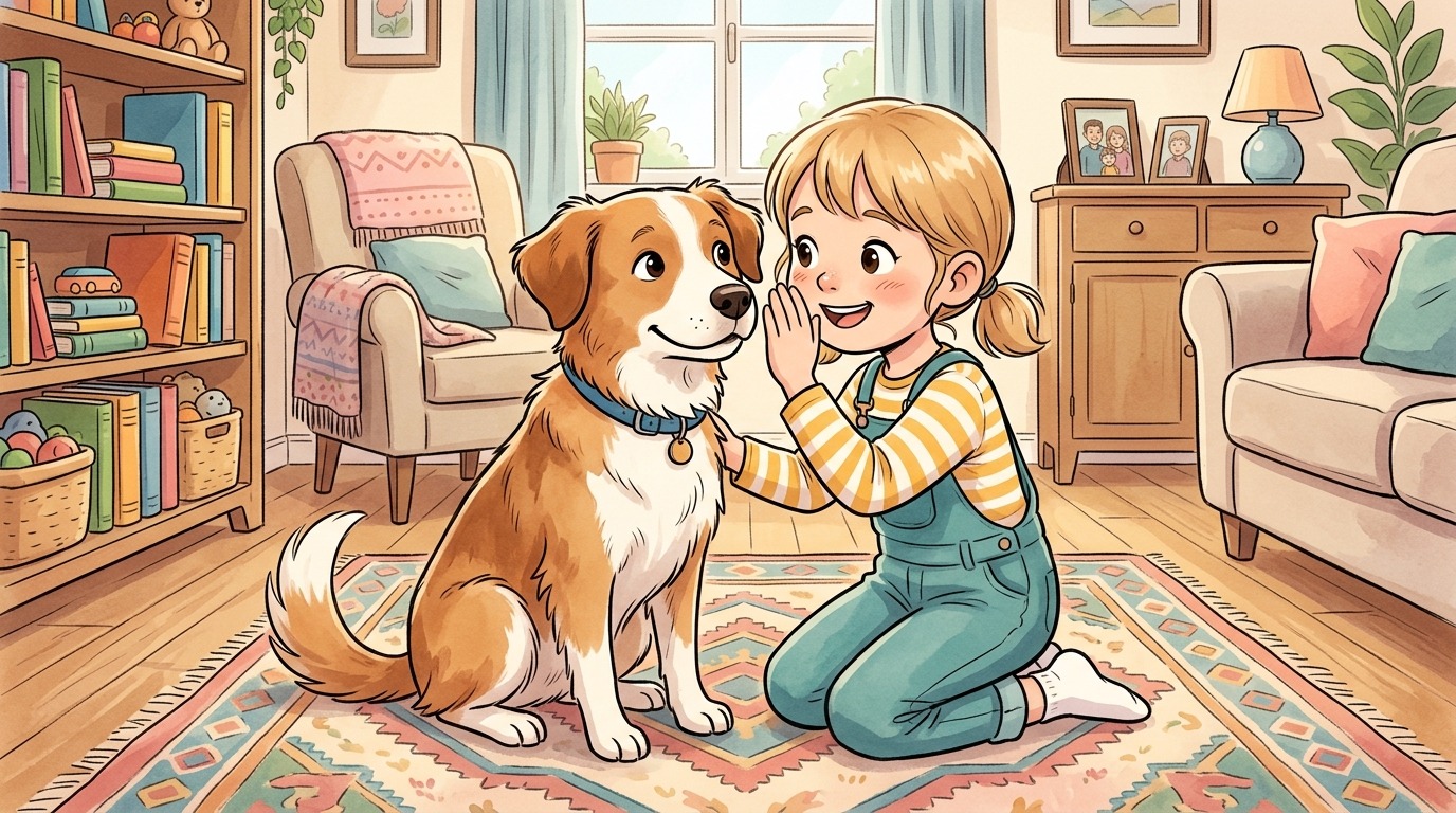 Ein Kind kniet neben einem aufmerksamen Hund und flüstert ihm sanft ein Kommando ins Ohr.