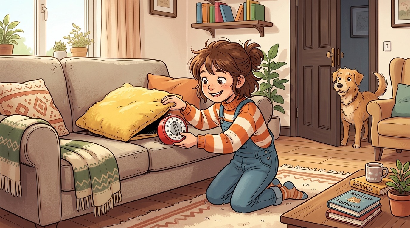 Ein glückliches Kind versteckt einen tickenden Küchentimer unter einem Kissen, während ein neugieriger Hund gespannt an der Wohnzimmertür lauscht.