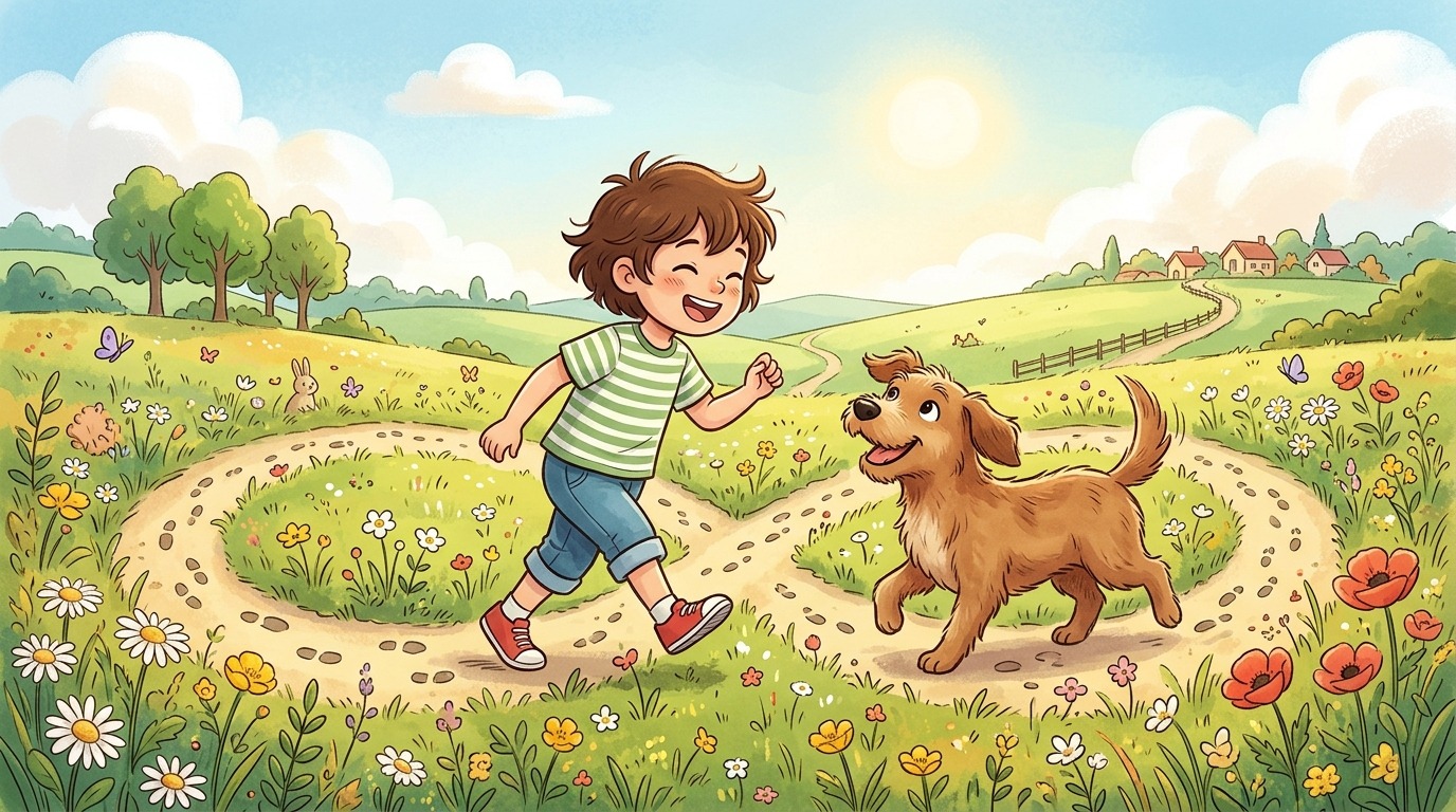 Ein glückliches Kind und ein aufmerksamer Hund laufen gemeinsam eine unsichtbare Acht auf einer grünen Wiese ab.
