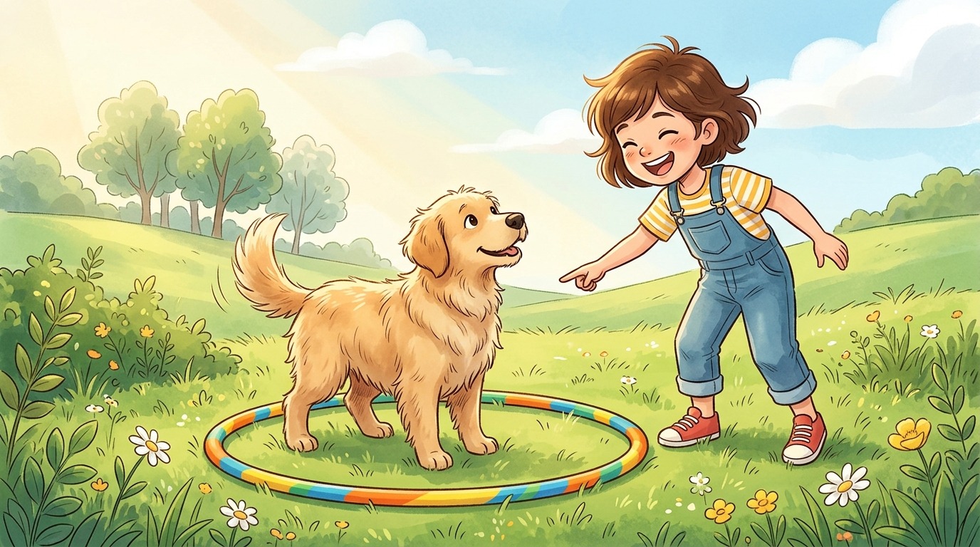 Ein glückliches Kind und ein Hund spielen das Spiel Der Hula-Hoop-Parkplatz auf einer sonnigen Wiese.