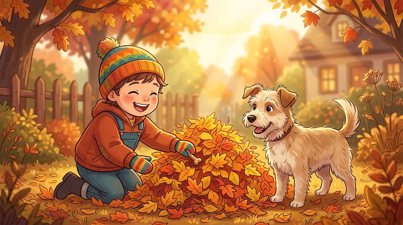 Ein lachendes Kind versteckt Leckerlis in einem großen Haufen bunter Herbstblätter, während ein neugieriger Hund schwanzwedelnd daneben steht.
