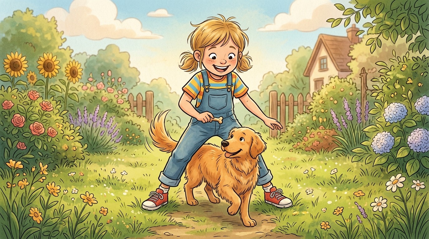 Ein lachendes Kind und ein konzentrierter Hund spielen Der Slalom-Rückwärts, wobei der Hund rückwärts durch die Beine des Kindes läuft.