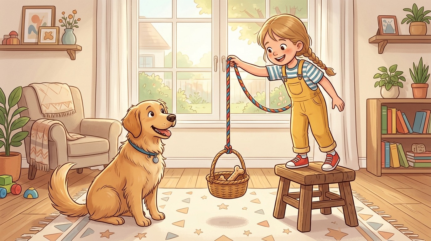 Ein Kind lässt einen kleinen Korb mit einem Leckerli an einer Schnur von einem Hocker herab, während ein Hund aufmerksam zusieht.