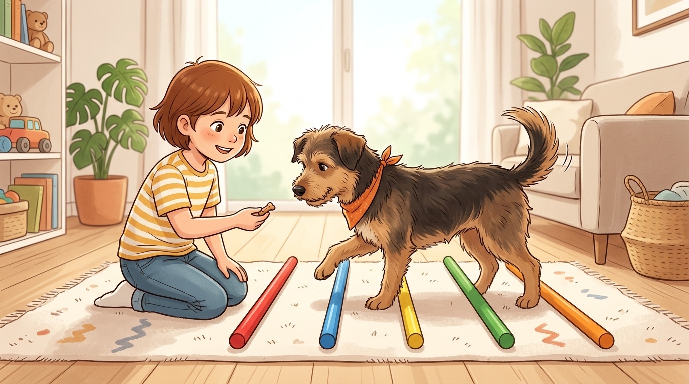 Ein Kind führt einen Hund geduldig und konzentriert über flach liegende Holzstangen auf dem Boden.