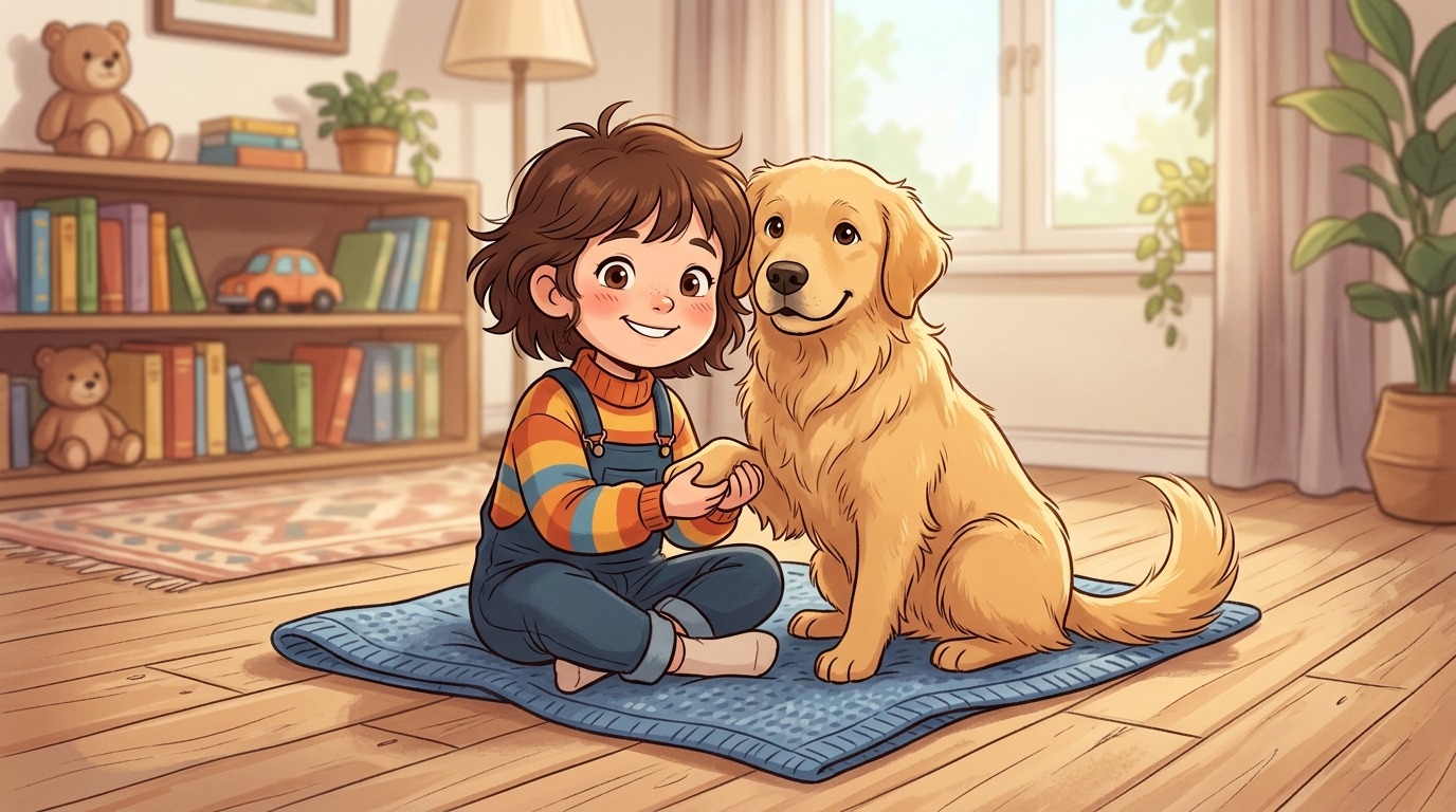 Ein lachendes Kind und ein flauschiger Hund sitzen gemeinsam auf einer kleinen, gefalteten Decke und kuscheln.