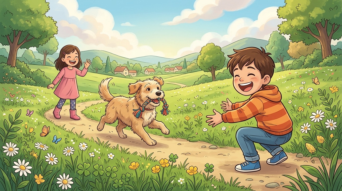 Zwei Kinder und ein glücklicher Hund spielen Die Fliegende Stafette auf einer sonnigen Wiese.