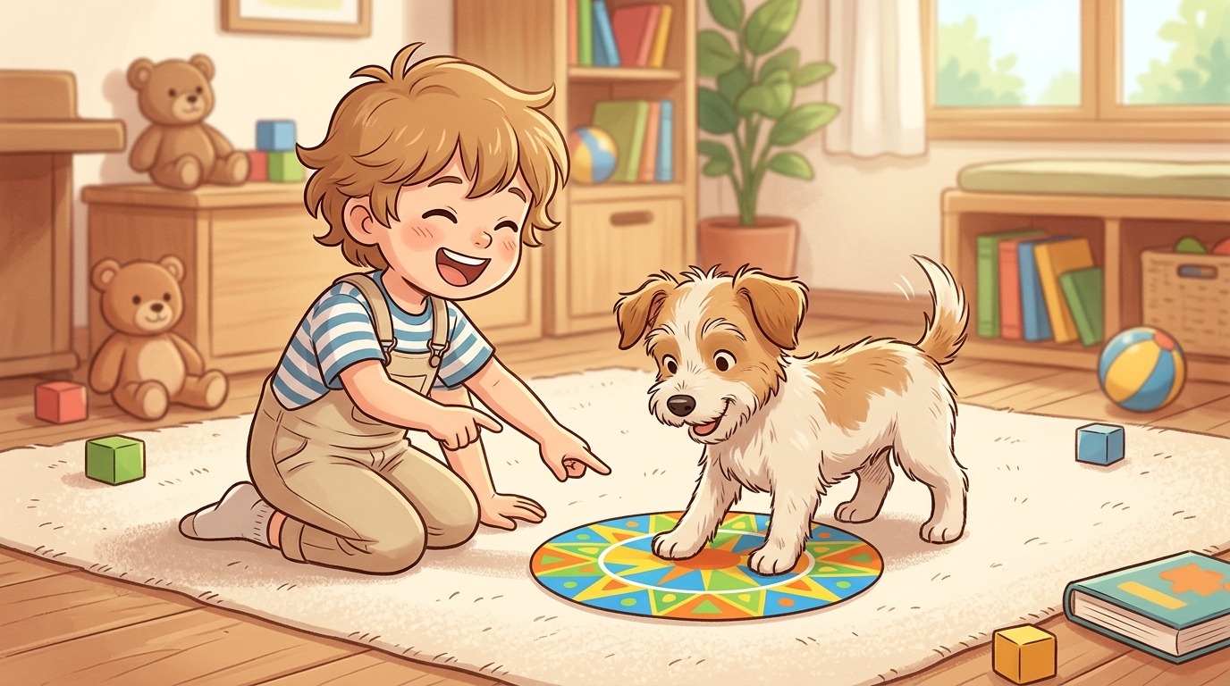 Ein fröhliches Kind und ein kleiner Hund, der konzentriert eine Pfote auf ein buntes Blatt Papier auf dem Boden legt.