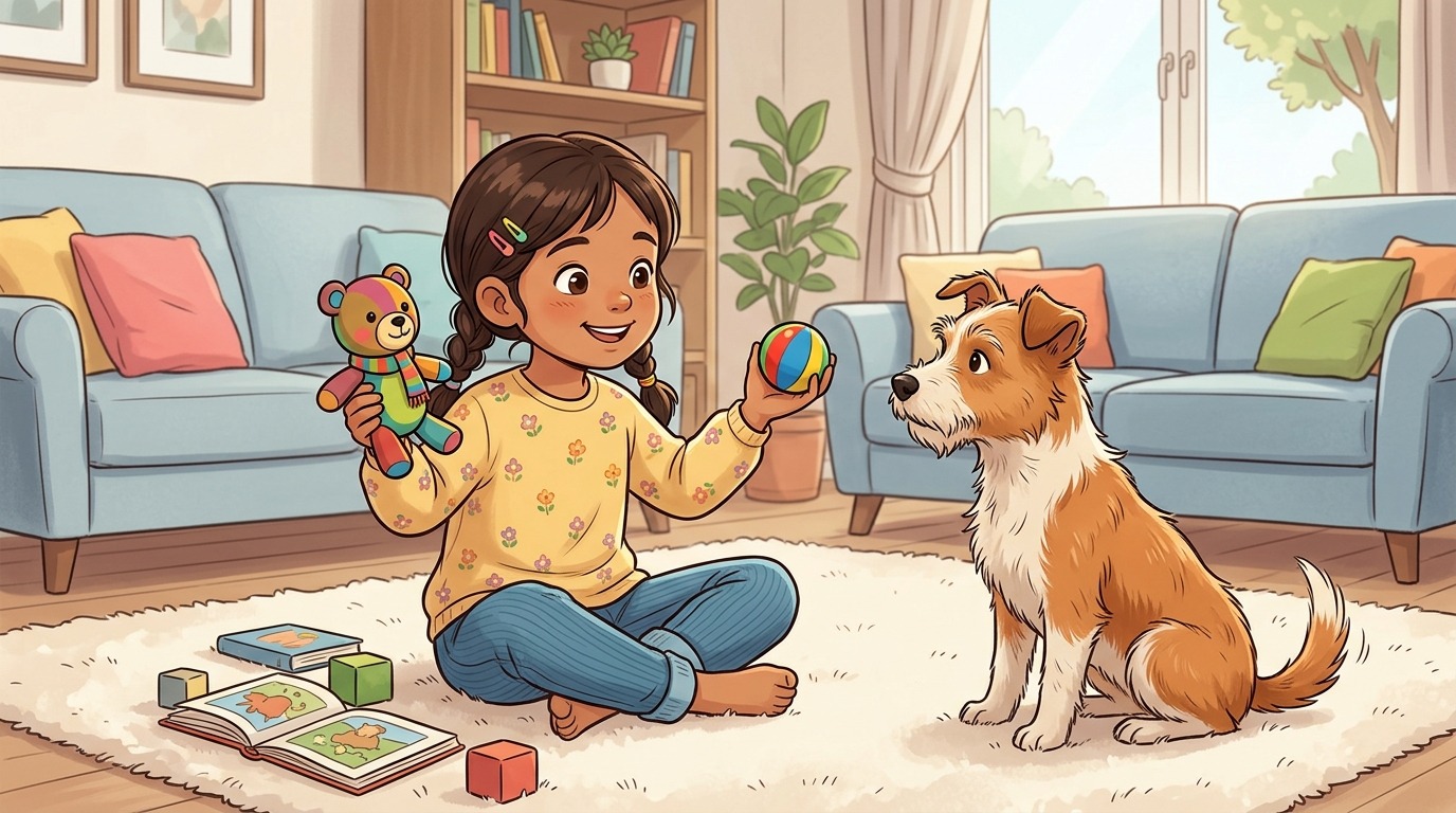Ein fröhliches Kind zeigt seinem aufmerksamen Hund einen Ball und ein Stofftier während des Spiels Die Spielzeug-Namen.