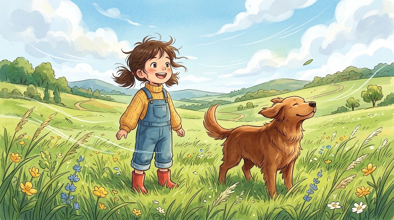 Ein Kind und ein Hund spielen Die Wind-Suche auf einer windigen Wiese, der Hund hebt schnüffelnd die Nase in die Luft.