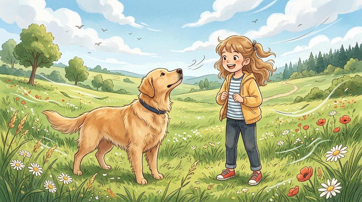 Ein fröhliches Kind und ein aufmerksamer Hund auf einer windigen Wiese beim Suchspiel.