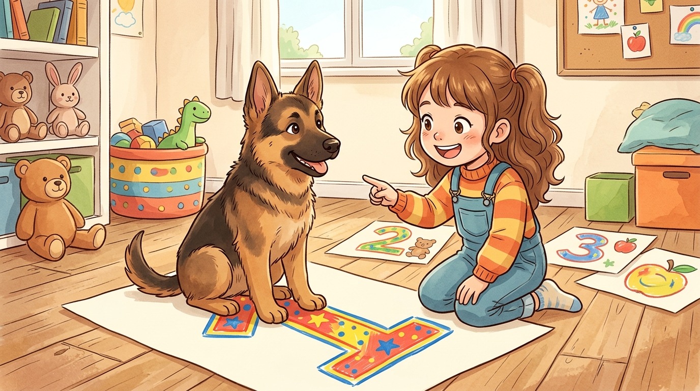 Ein glückliches Kind zeigt im hellen Wohnzimmer auf ein Blatt Papier mit einer großen Zahl, während ein aufmerksamer Hund darauf sitzt und das Kind freudig anschaut.