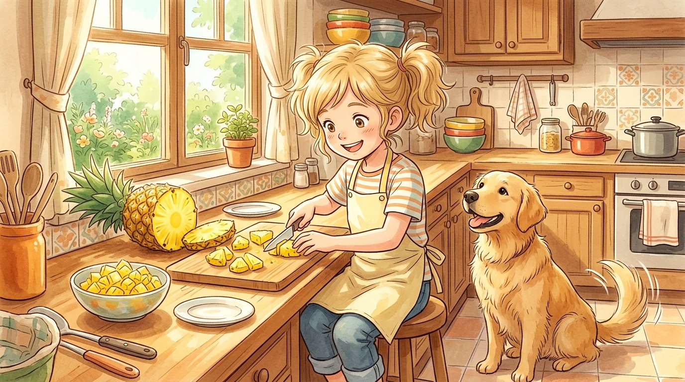 Ein glückliches Kind und ein Golden Retriever in einer Küche mit einer frisch aufgeschnittenen Ananas.