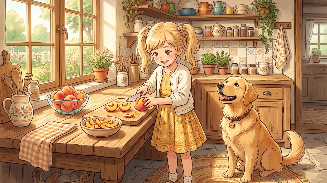 Ein Kind bereitet in der Küche vorsichtig Pfirsichstücke für seinen Golden Retriever vor.