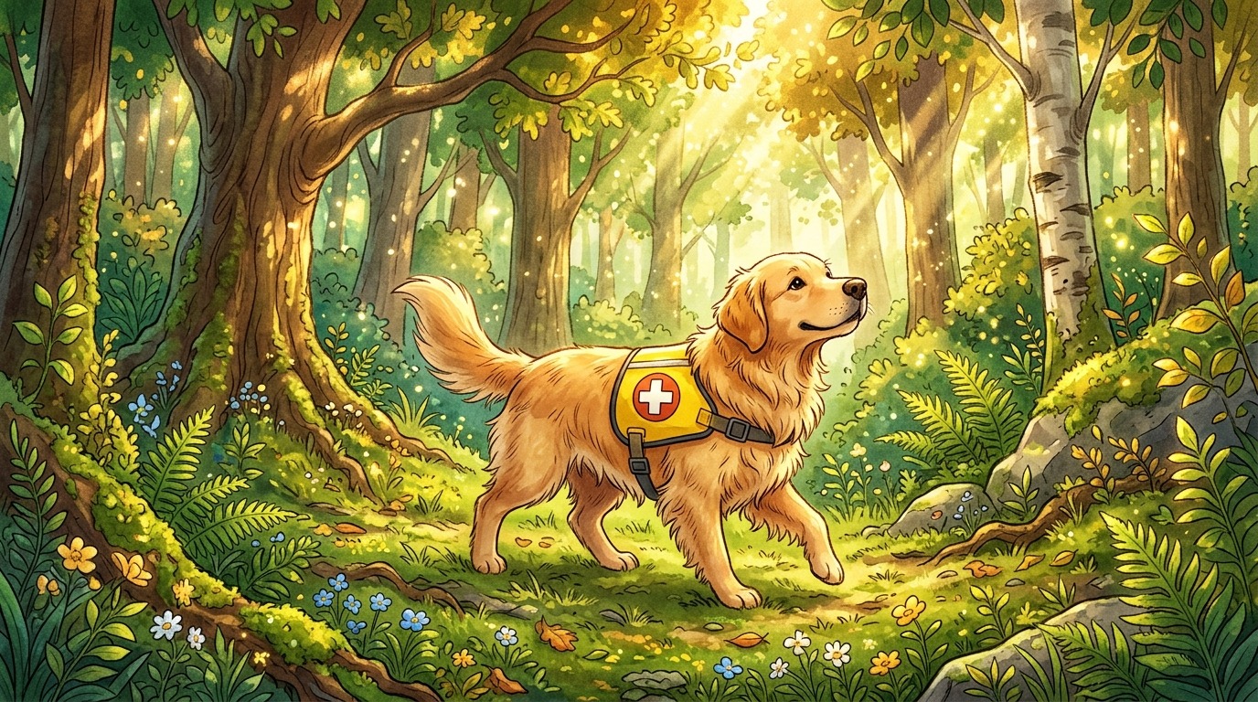Ein freundlicher Golden Retriever mit einer gelben Rettungsweste läuft durch einen sonnigen Wald und schnüffelt in der Luft.