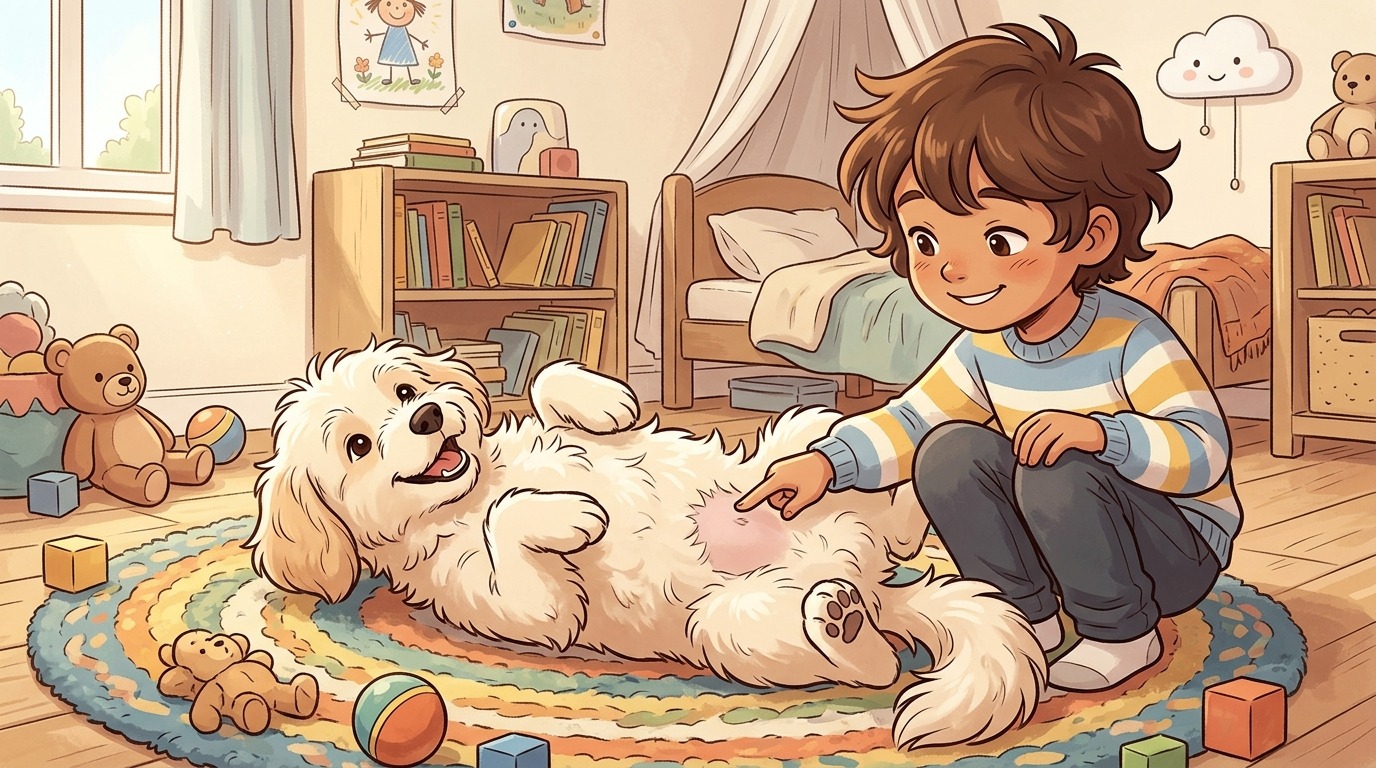 Illustration eines Kindes, das staunend den Bauch eines kleinen Hundes betrachtet, um den Bauchnabel zu finden.