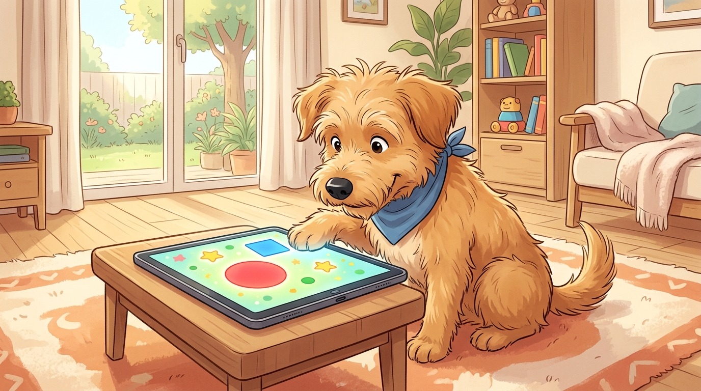 Ein neugieriger Hund bedient mit seiner Nase ein Tablet, auf dem bunte Symbole wie Kreise und Quadrate zu sehen sind.