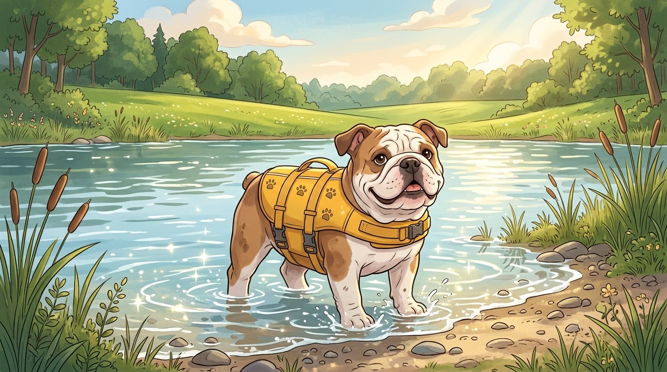 Eine niedliche Bulldogge mit einer gelben Schwimmweste steht sicher am Rand eines glitzernden Sees.