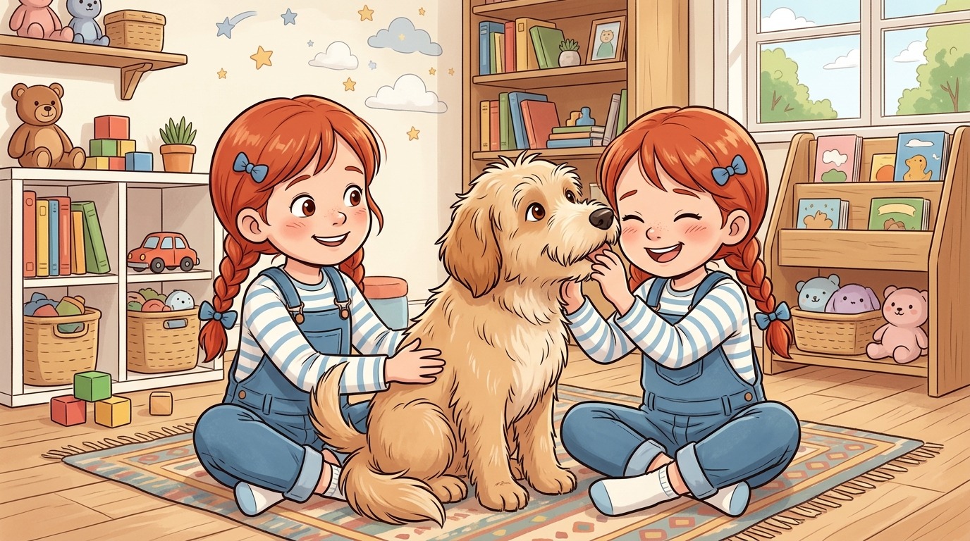 Ein freundlicher Hund sitzt schwanzwedelnd zwischen zwei identisch aussehenden Zwillingen und schnuppert neugierig.