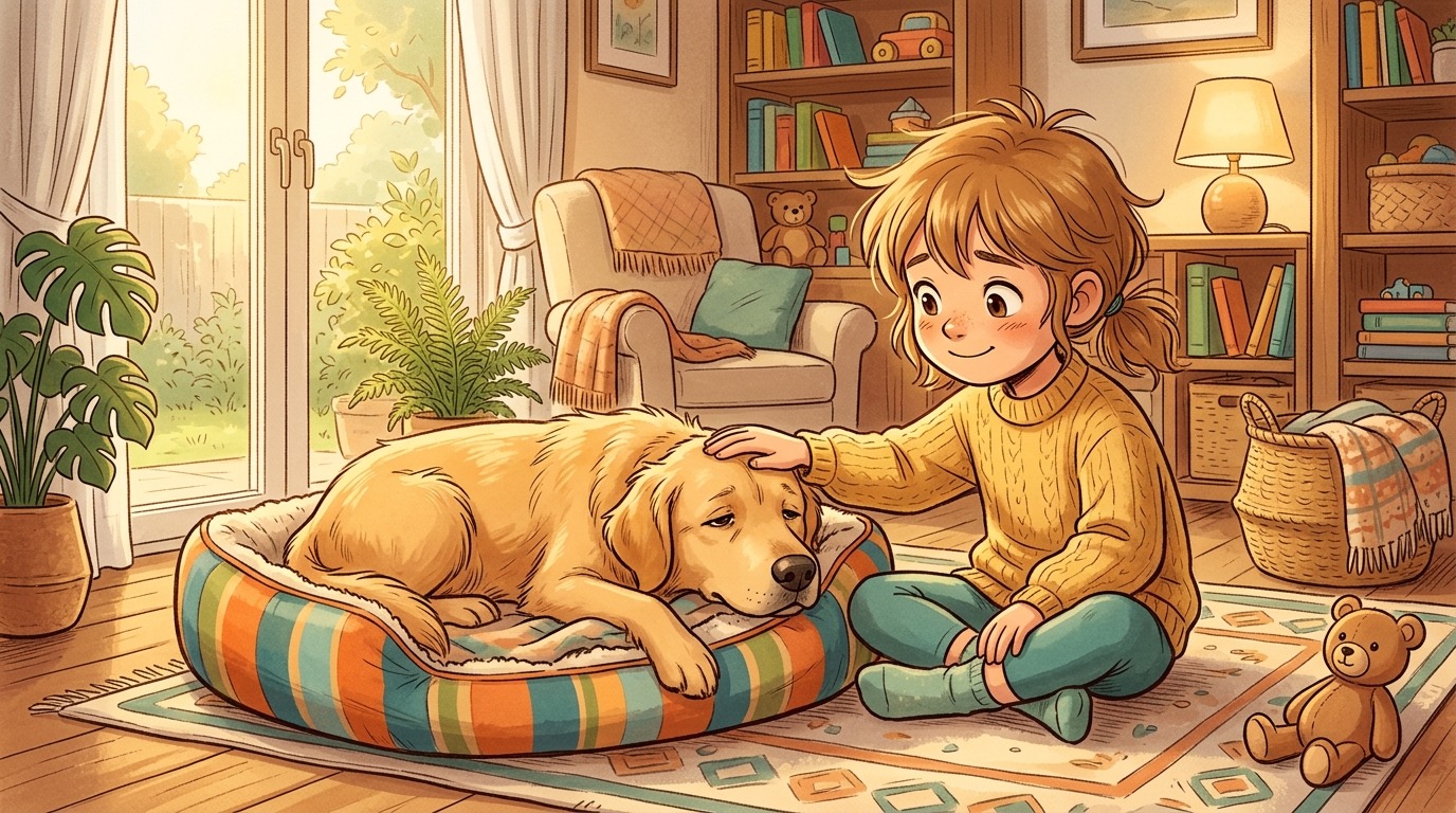 Ein besorgtes Kind streichelt sanft einen Golden Retriever, der müde auf seinem Hundebett liegt.