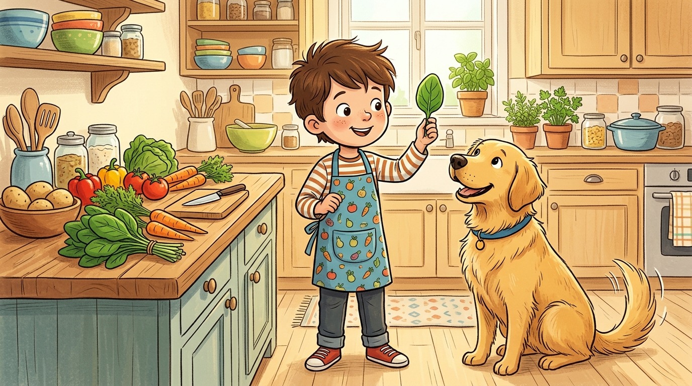Ein glücklicher Golden Retriever schaut einem Kind in einer gemütlichen Küche beim Kochen von Gemüse zu