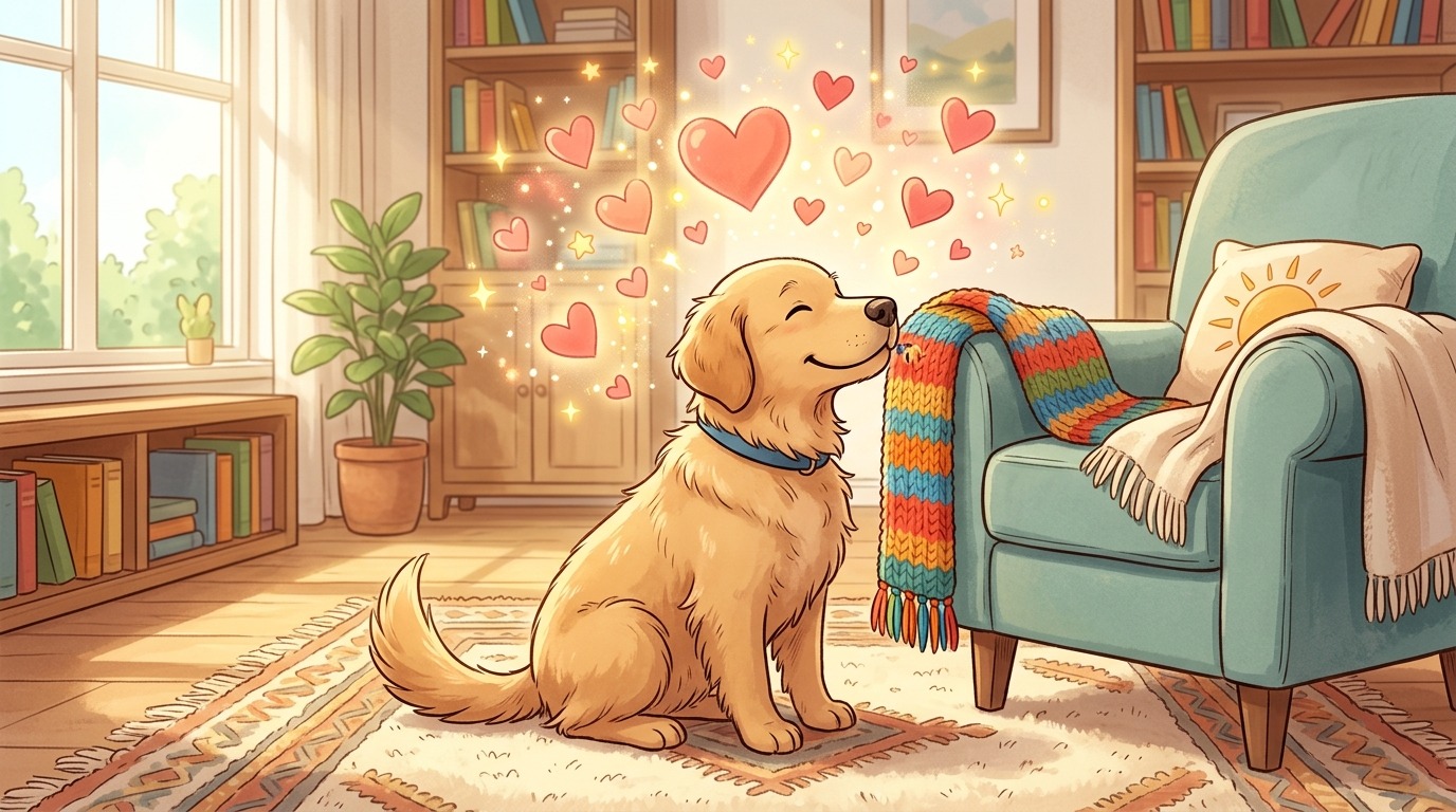 Illustration eines glücklichen Hundes, der an einem Schal schnuppert und dabei von bunten Herzchen umgeben ist.
