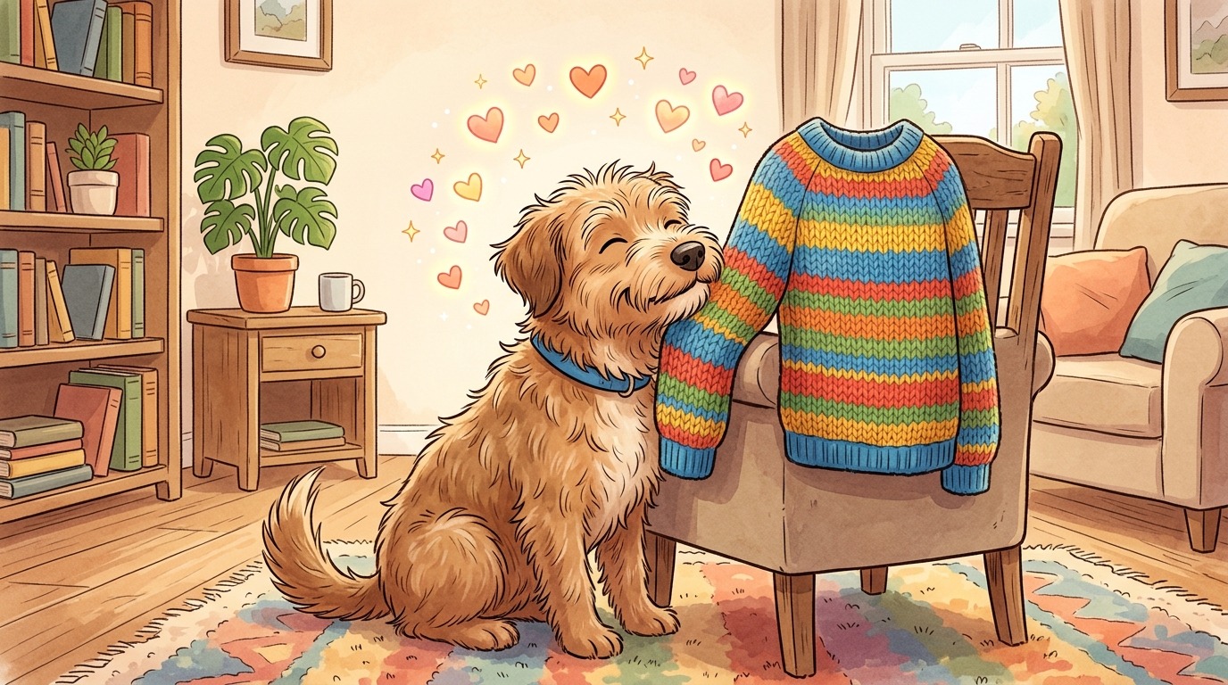 Ein glücklicher Hund schnüffelt an einem weichen Pullover seines Besitzers, während bunte Herz-Symbole seine Freude visualisieren.