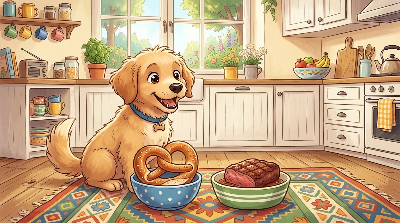 Illustration eines fröhlichen Hundes vor einem Teller mit einer Salzbrezel und einem Napf mit Fleisch.