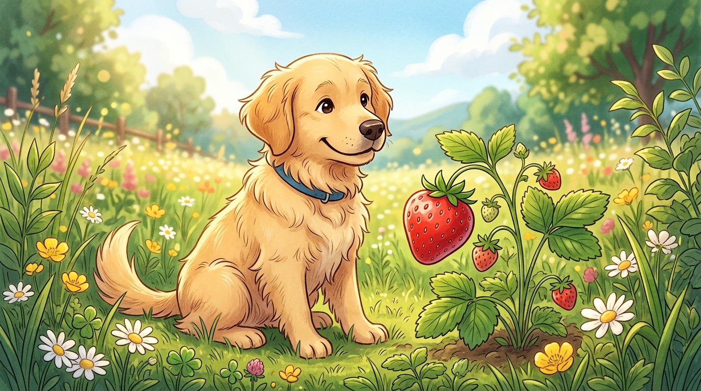 Ein fröhlicher Golden Retriever in einer Blumenwiese, der neugierig an einer großen, roten Erdbeere schnuppert.