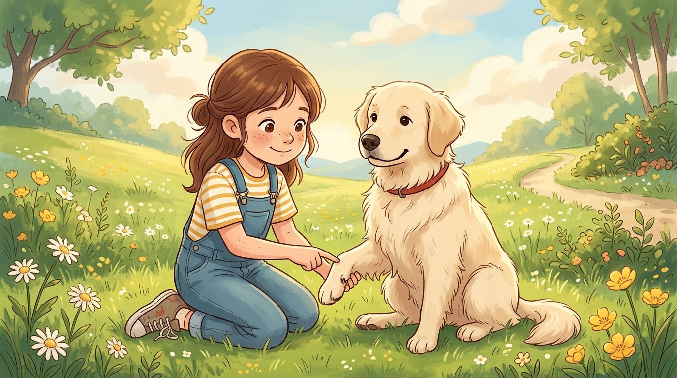 Eine kindgerechte Illustration eines Hundes, der seine Hinterpfote zeigt, an der eine Wolfskralle zu sehen ist.