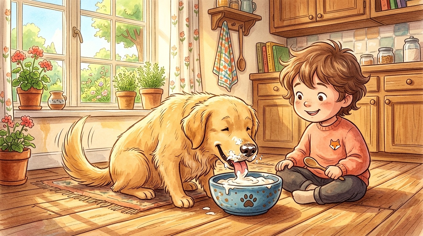 Ein fröhlicher Golden Retriever schleckt Quark aus einem Napf in einer hellen Küche.