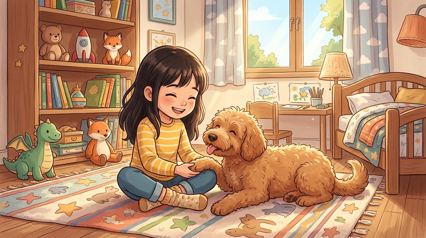 Illustration eines freundlichen Hundes, der entspannt auf einem Teppich liegt und die Hand eines Kindes leckt.