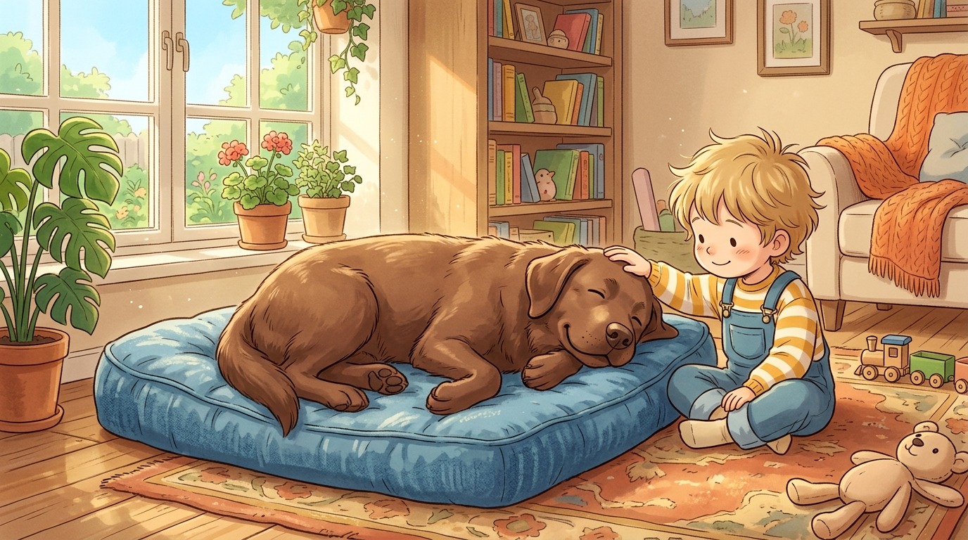 Ein gemütlicher brauner Hund liegt auf einem weichen blauen Hundebett in einem warmen Wohnzimmer.