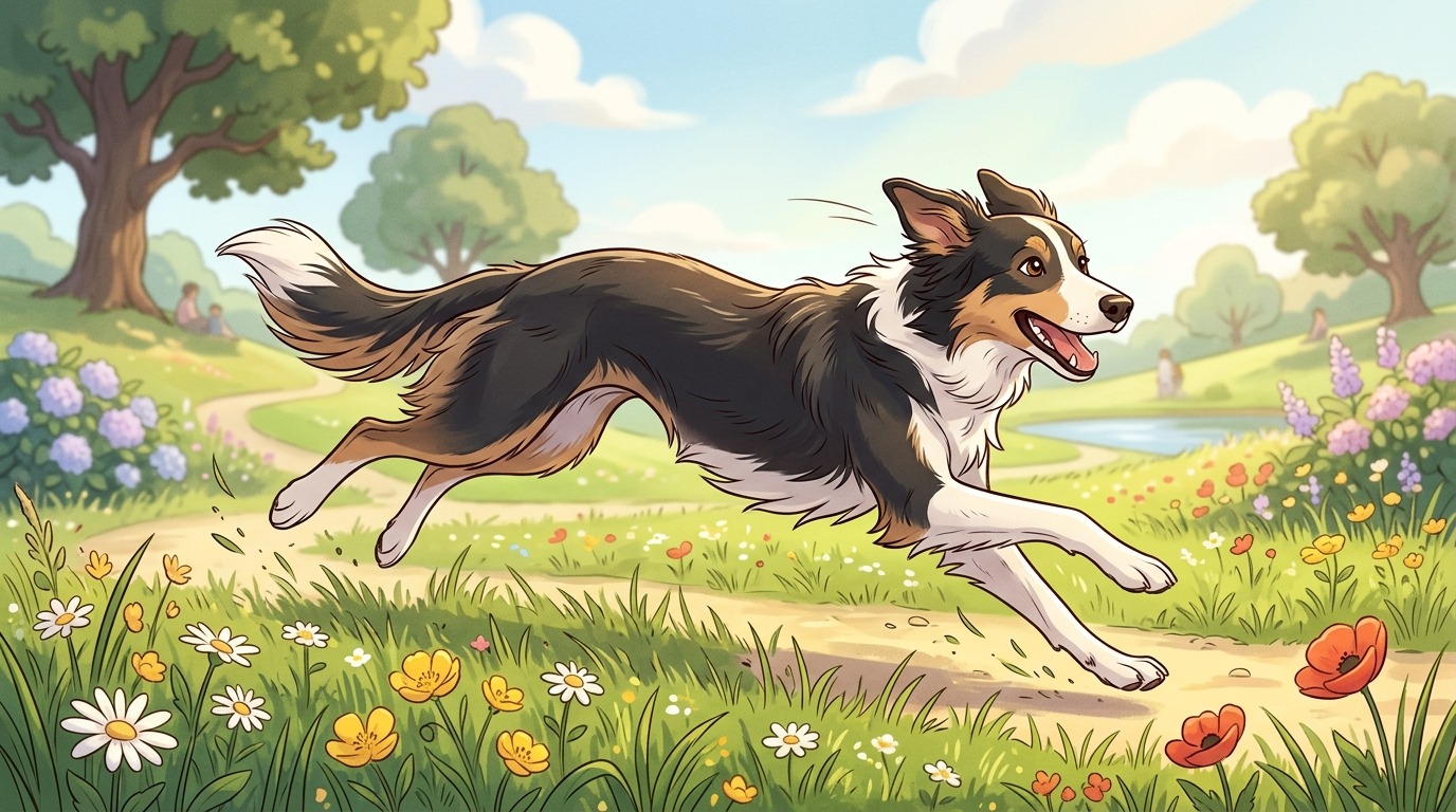 Illustration eines fröhlichen Hundes im Galopp auf einer grünen Wiese, dessen Rücken sich wie eine Sprungfeder streckt.