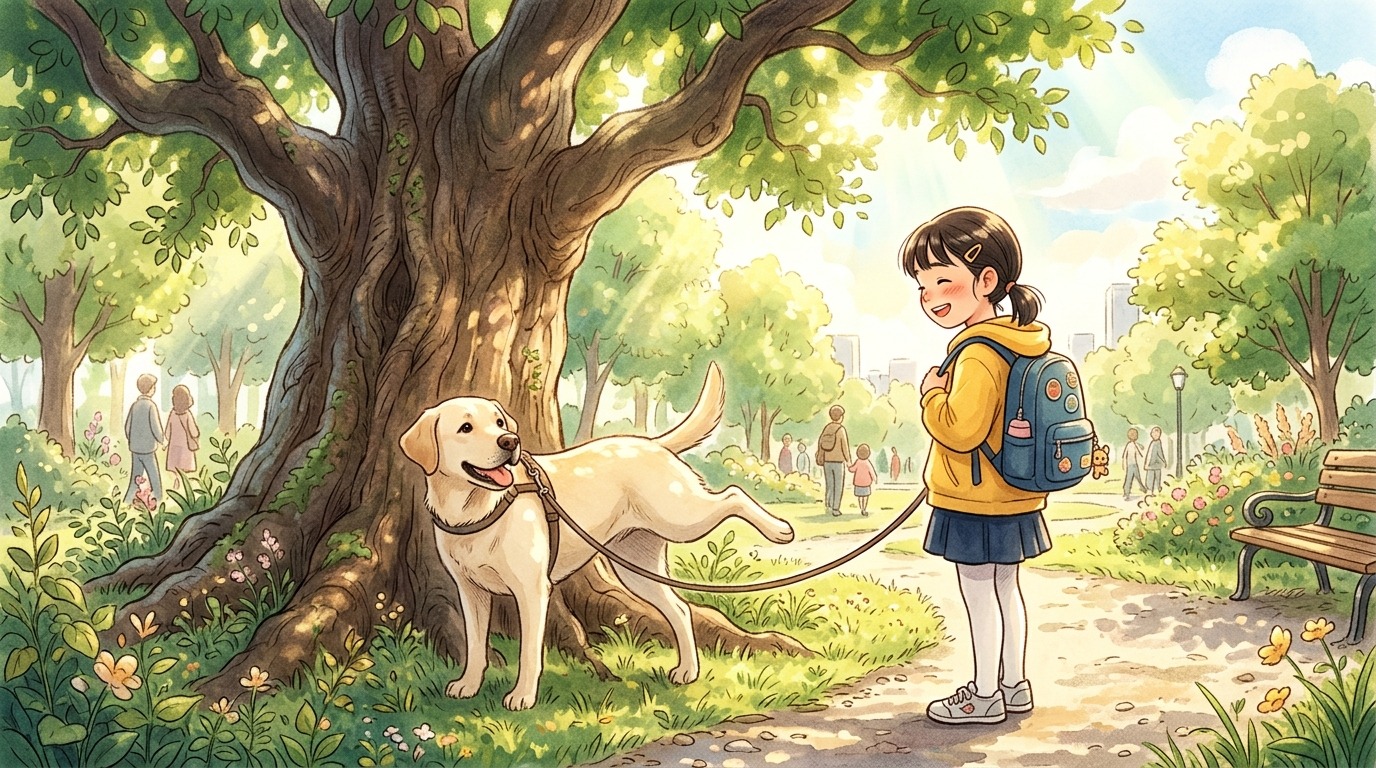 Ein heller Labrador Retriever Rüde hebt im Park an einem Baum das Bein, während ein Kind daneben steht und zuschaut.