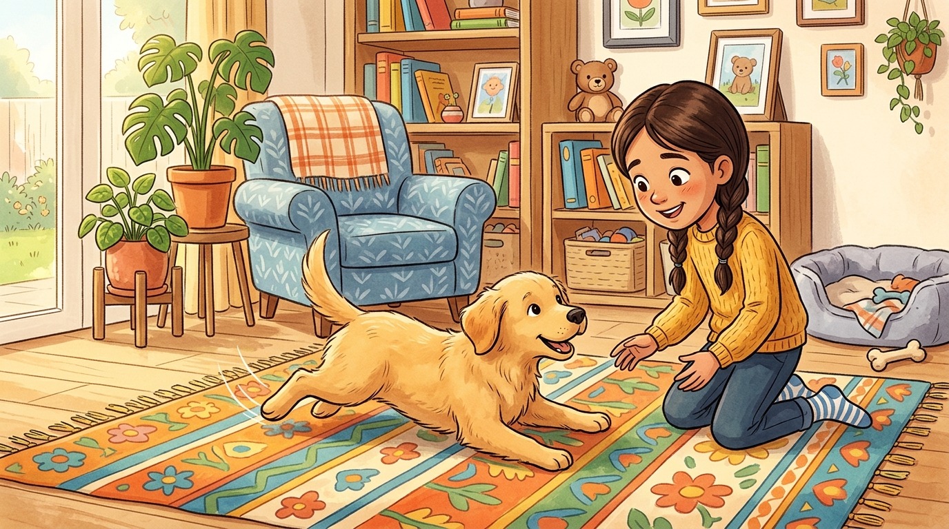 Ein niedlicher Golden Retriever Welpe rutscht im Wohnzimmer auf dem Po über einen Teppich, während ein Kind zuschaut.