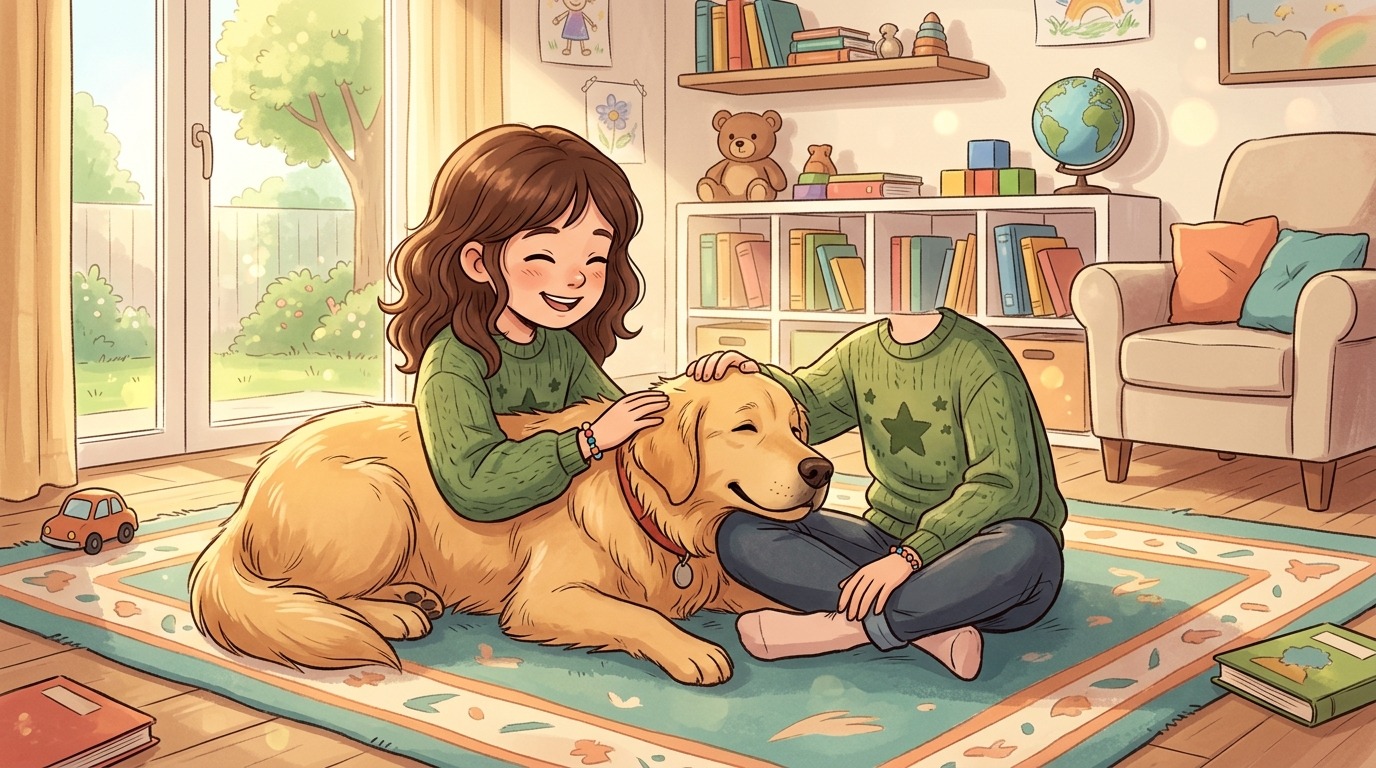 Ein glückliches Kind sitzt auf einem weichen Teppich und streichelt liebevoll einen entspannten, goldfarbenen Hund.