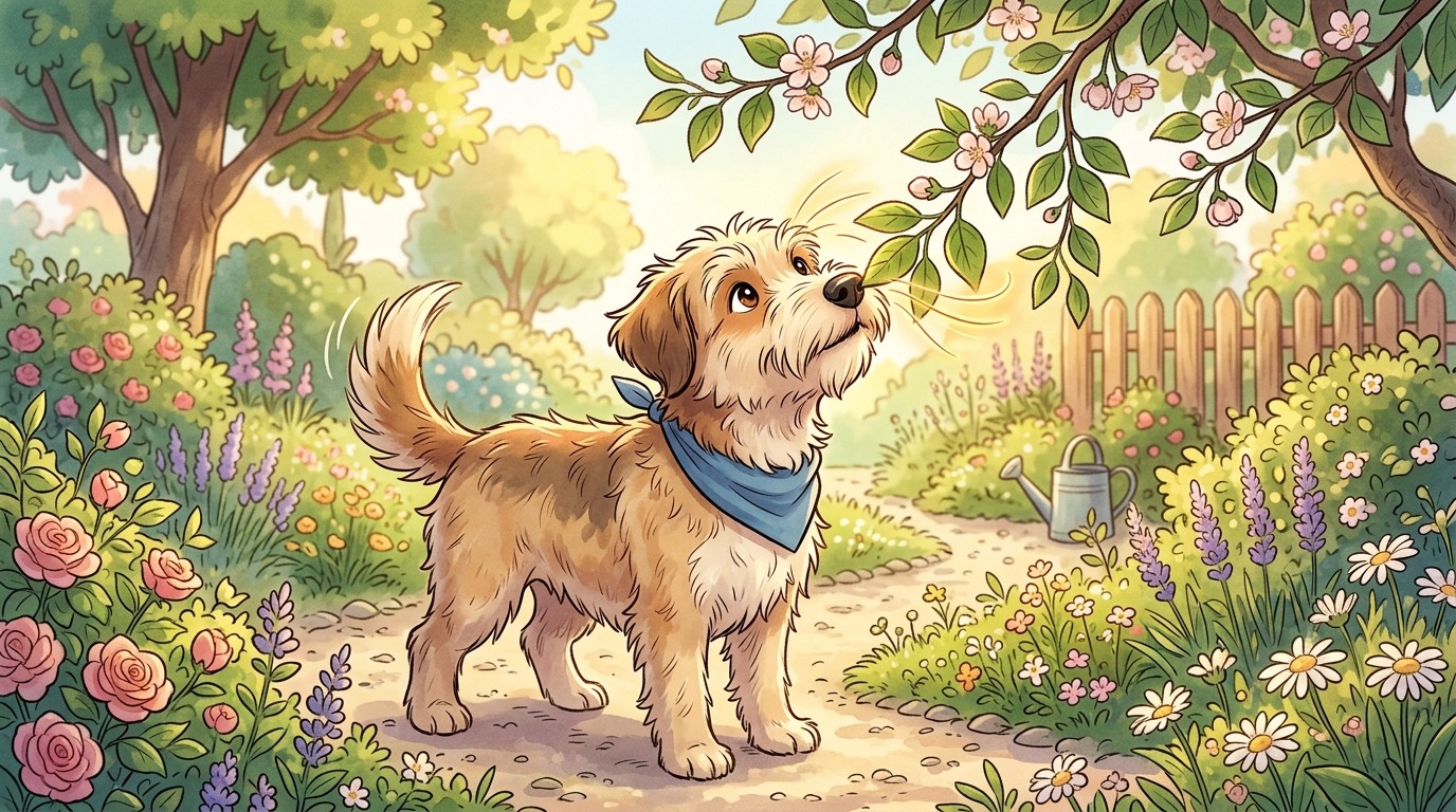 Eine liebevolle Illustration eines Hundes, der durch Büsche streift, wobei die Tasthaare über seinen Augen als Schutzsystem hervorgehoben sind.